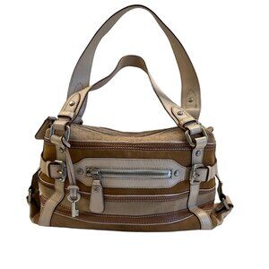 Fossil Colorblock Vintage Satchel Handbag Leather/ Suede- Tan and Cream